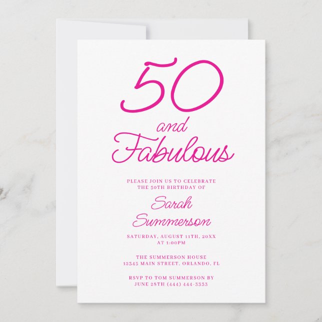 Invitación Mínimo cincuenta fabuloso cumpleaños 50 rosa (Anverso)