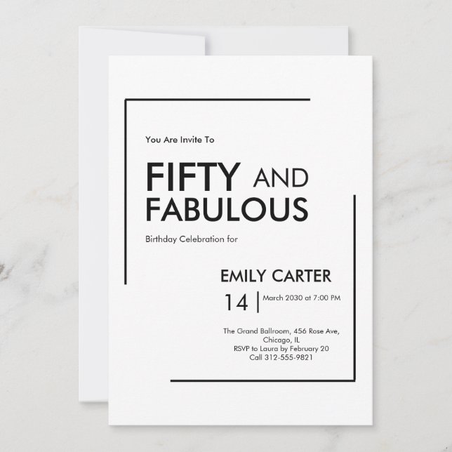 Invitación Mínimo cincuenta y fabuloso cumpleaños número 50 (Anverso)