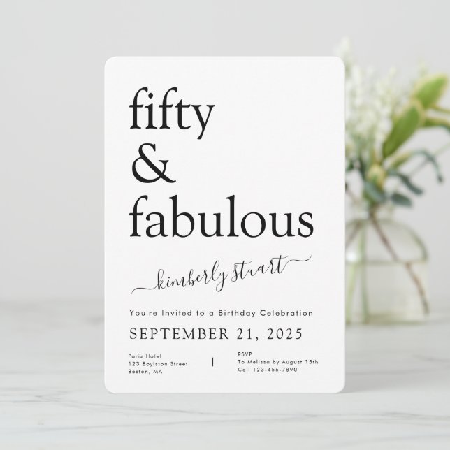 Invitación Mínimo cincuenta y fabuloso cumpleaños número 50  (Anverso de pie)