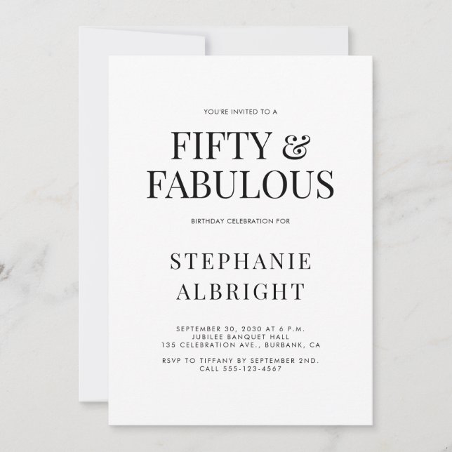 Invitación Mínimo cincuenta y fabuloso cumpleaños número 50 (Anverso)