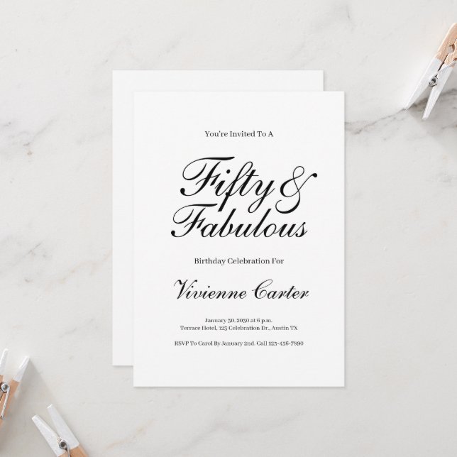 Invitación Mínimo cincuenta y fabuloso cumpleaños número 50 (Anverso/Reverso In Situ)