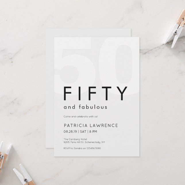Invitación Mínimo cincuenta y fabuloso cumpleaños número 50 (Anverso/Reverso In Situ)