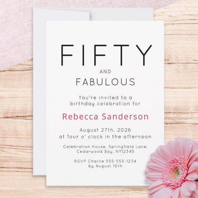 Invitación Mínimo cincuenta y fabuloso cumpleaños número 50 (A modern, minimalist invitation for a fiftieth birthday party, with black and pink text on white)