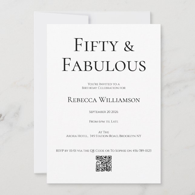 Invitación Mínimo cincuenta y fabuloso cumpleaños número 50 (Anverso)