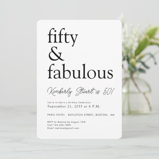 Invitación Mínimo cincuenta y fabuloso cumpleaños número 50  (Anverso de pie)