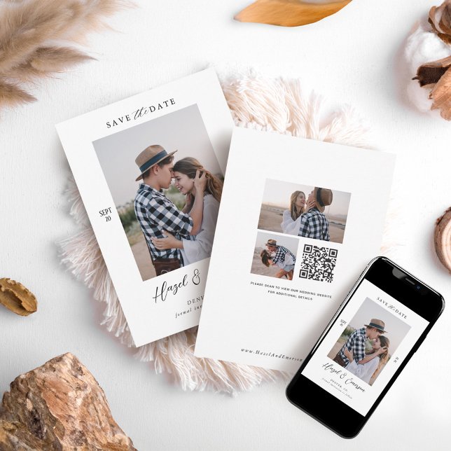 Invitación Mínimo De Pareja Moderna Foto Código QR Guardar La (Minimal Modern Couple Photo QR Code Save The Date Invitation)