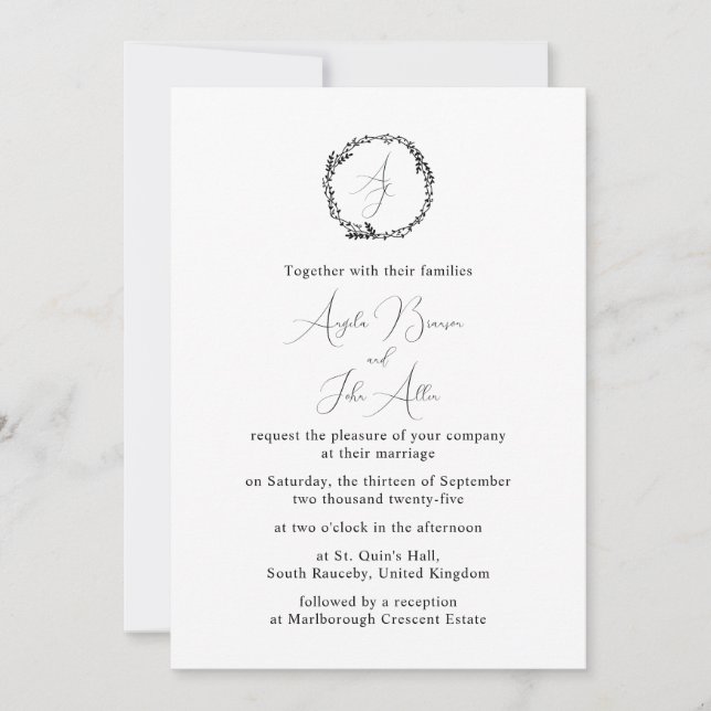 Invitación Mínimo Elegante Floral Botánica de Monogramos (Anverso)