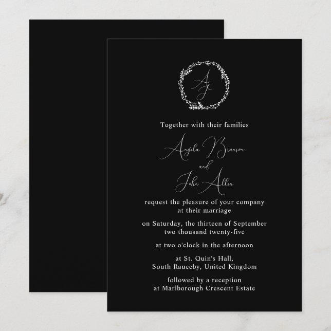 Invitación Mínimo Elegante Floral Botánica de Monogramos (Anverso / Reverso)