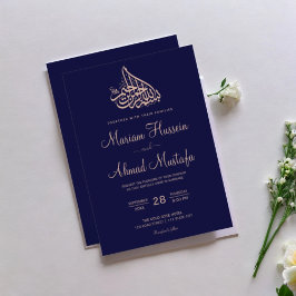 Invitación Mínimo Faux Rosa Gold y Boda islámico azul de la M
