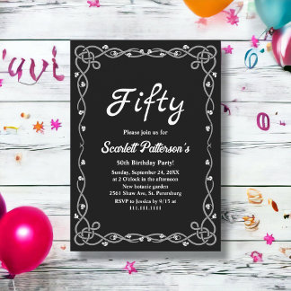 Invitación Mínimo Floral moderna blanca y negra 50 cumpleaños