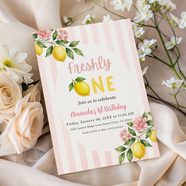 Invitación Mínimo Freshly One Limón Rosa Primer Cumpleaños (Subido por el creador)