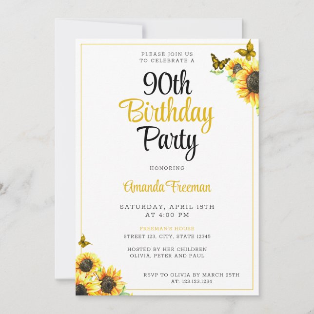 Invitación Mínimo Girasol 90 cumpleaños (Anverso)