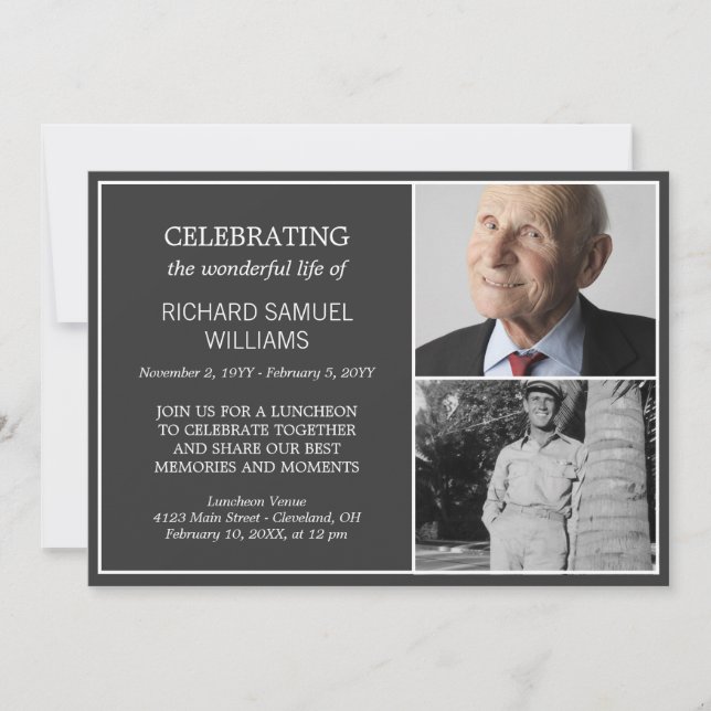 Invitación Mínimo gris celebra la vida 2 fotos conmemorativa (Anverso)