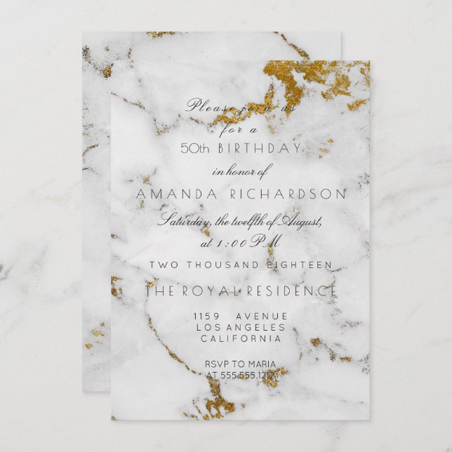 Invitación Mínimo Gris Marble Blanco Oro cumpleaños (Anverso / Reverso)