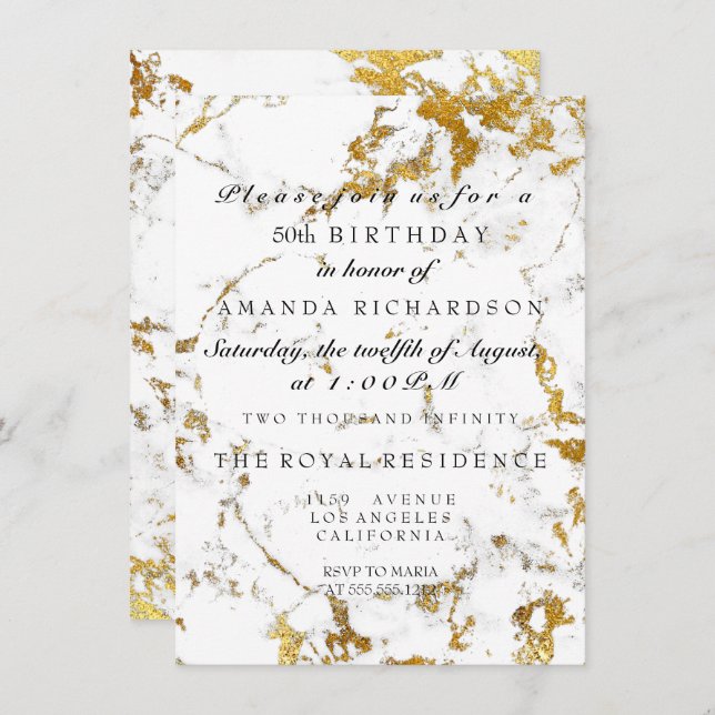 Invitación Mínimo Gris Marble Blanco Oro cumpleaños (Anverso / Reverso)