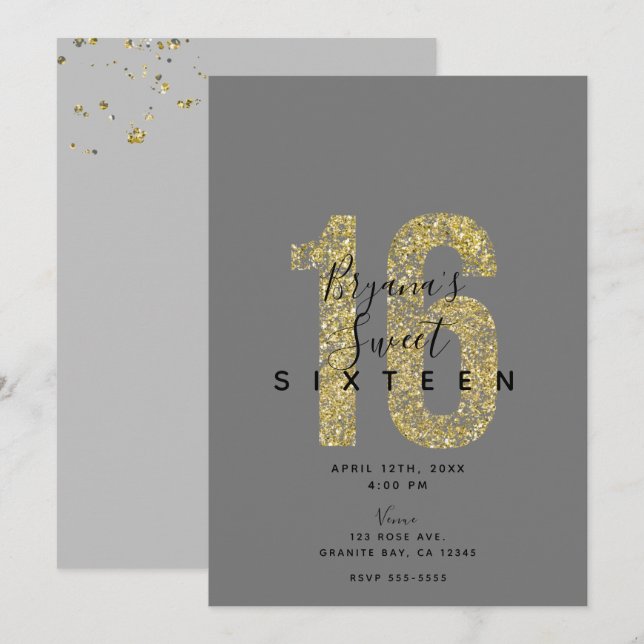 Invitación Mínimo Gris Oro Copos 16 Brillo Cumpleaños 16  (Anverso / Reverso)