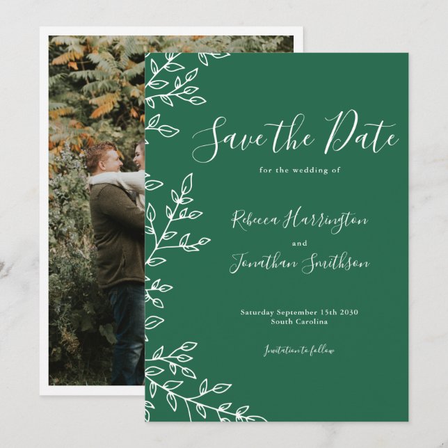 Invitación Mínimo Leaf Green Wedding Salva La Fecha (Anverso / Reverso)