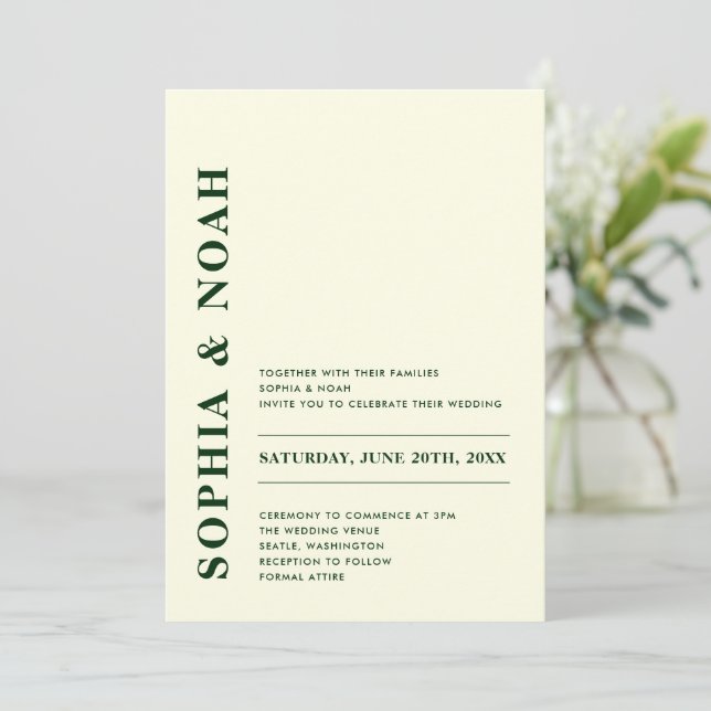 Invitación Mínimo marfil moderno y elegante matrimonio verde (Anverso de pie)