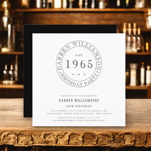 Invitación Mínimo moderno blanco hombre negro 60 años (minimal black and white tipography design filly customizable to suite your needs ,men 60th birthday )