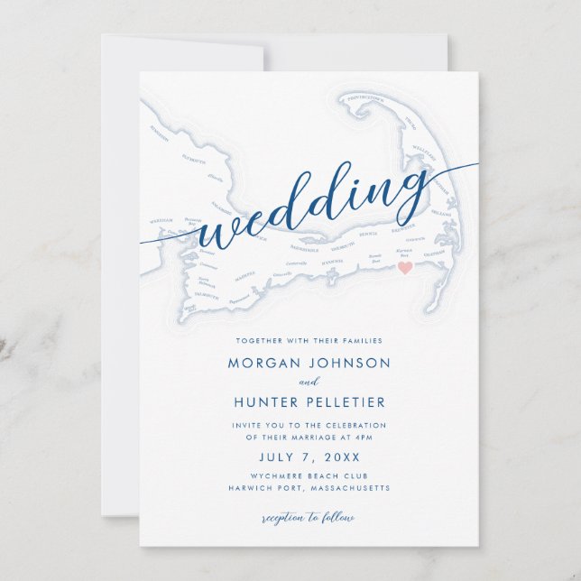 Invitación Mínimo moderno Boda de Mapa de Wychmere Beach Club (Anverso)