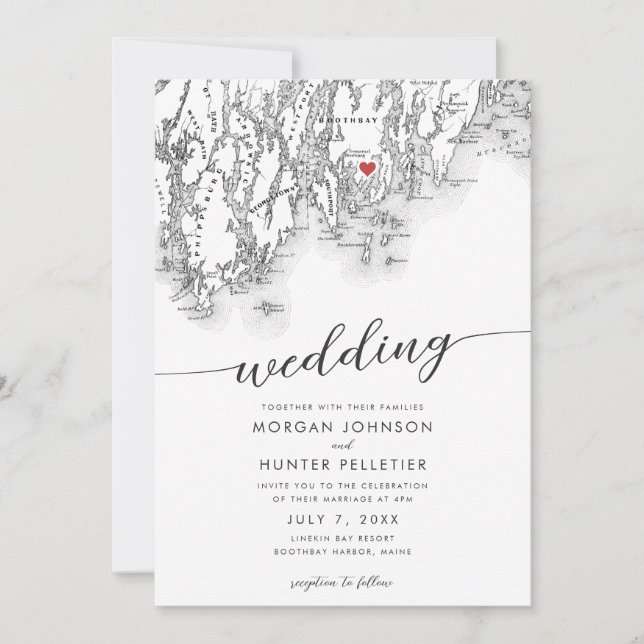 Invitación Mínimo moderno Boda de Mapa del puerto de Boothbay (Anverso)