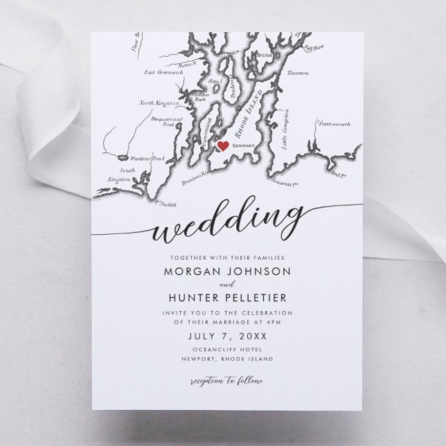 Invitación Mínimo moderno Boda del mapa de la isla de Roda en (Newport Rhode Island Wedding Invitation with a minimal modern elegant map design in black and white )