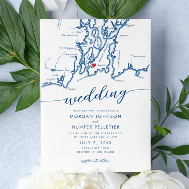 Invitación Mínimo moderno Boda del mapa de la isla de Roda en (Newport Rhode Island Wedding Invitation with a minimal modern elegant map design in navy blue )