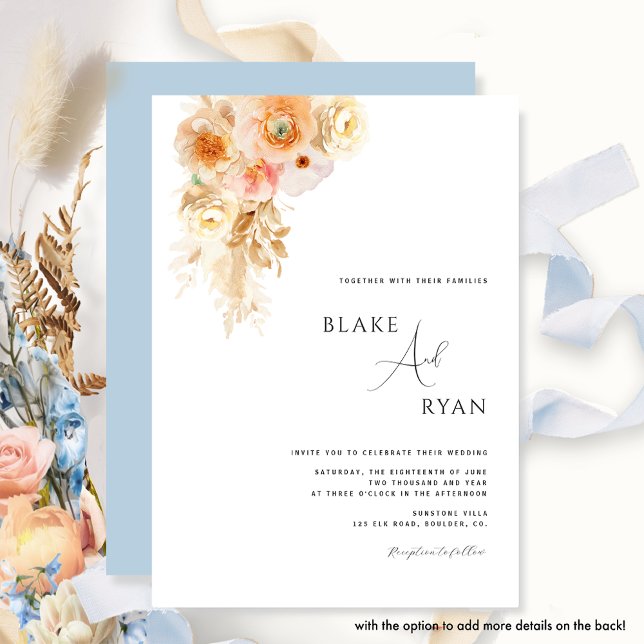 Invitación Mínimo, Moderno, Crema, Boda Floral Azul (Subido por el creador)