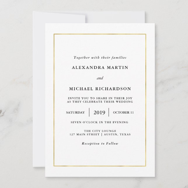Invitación Mínimo moderno | Faux Gold Border Boda (Anverso)
