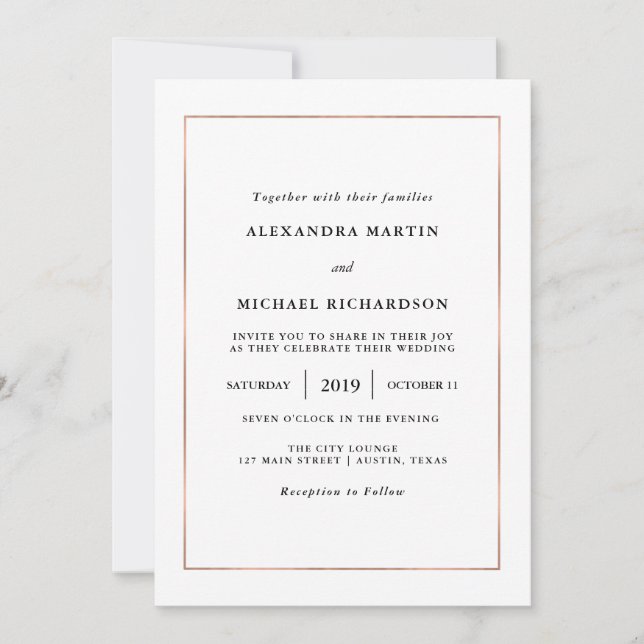 Invitación Mínimo moderno | Faux Rosa Gold Border Boda (Anverso)