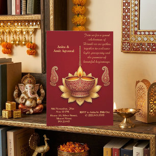 Invitación Mínimo Moderno Japandi Carmesí Diwali Tonos de Joy