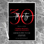 Invitación Mínimo Moderno Rojo Treinta Guiones Cumpleaños<br><div class="desc">Moderna y moda, esta invitación de cumpleaños combina blanco y negro clásico con acentos de rojo brillante. Su diseño mínimo es un diseño simple y divertido para celebrar el cumpleaños del hito. La parte posterior contiene un área para un código QR para la respuesta RSVP. Creado por Simply Farmhouse Press....</div>