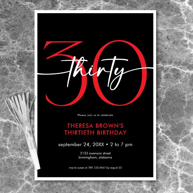 Invitación Mínimo Moderno Rojo Treinta Guiones Cumpleaños (Modern Minimal Red Thirty Script Birthday Invitation)