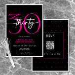 Invitación Mínimo Moderno Rosa Treinta Guión Cumpleaños QR<br><div class="desc">Moderna y moda, esta invitación de cumpleaños combina blanco y negro clásico con acentos de rosa brillante. Su diseño mínimo es un diseño simple y divertido para celebrar el cumpleaños del hito. La parte posterior contiene un área para un código QR para la respuesta RSVP. Creado por Simply Farmhouse Press....</div>