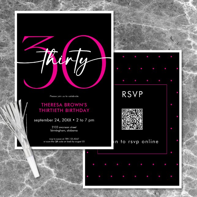 Invitación Mínimo Moderno Rosa Treinta Guión Cumpleaños QR (Modern Minimal Pink Thirty Script Birthday QR Invitation)