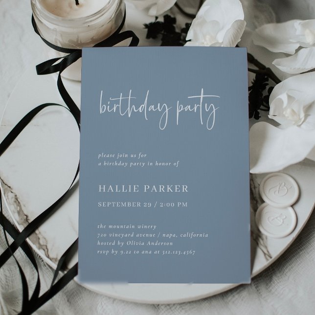 Invitación Mínimo moderno simple | Dusty Blue Birthday Party (An elegant, chic adult birthday party invitation for any age in dusty blue)