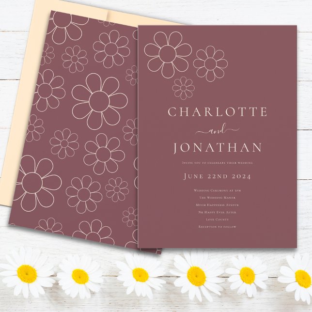 Invitación Mínimo Moderno Simple Flor de Burgundy Ciruela (Retro Minimalist Daisy pattern burgundy plum wedding invitation)