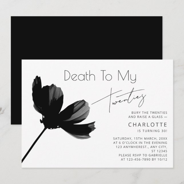 Invitación Mínimo "Muerte a mis 20 años" 30 cumpleaños negro (Anverso / Reverso)