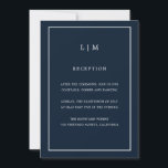 Invitación Mínimo Navy Blue Monograma Simple Elegante Boda<br><div class="desc">Simple invitación a la boda con un diseño moderno y elegante con tu monograma de dos letras en la parte superior y tus detalles rodeados de un delgado borde. Las fuentes y los colores de fondo pueden cambiarse a los colores que desee pulsando el botón "personalizar". Una moda y un...</div>