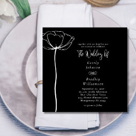 Invitación Mínimo negrita cuadrada floral blanca Boda negra