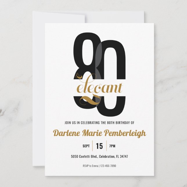 Invitación Mínimo Ochenta y Elegante Oro Negro 80 cumpleaños (Anverso)
