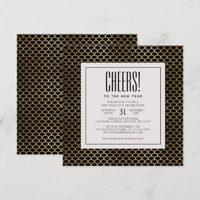 Invitación Mínimo oro Art Deco celebra Fiesta de Nochevieja (Anverso / Reverso)