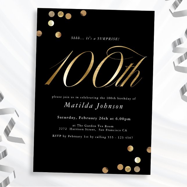 Invitación Mínimo Oro Negro Sorpresa 100 cumpleaños (Mockup View)