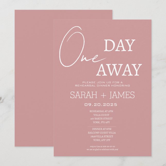 Invitación Mínimo rosado polvoriento Un día antes de la cena  (Anverso / Reverso)