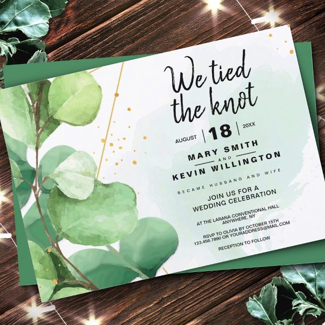 Invitación Mínimo rústico verde sabio amarramos al boda del n (Sage Green Rustic Minimal We Tied the Knot Wedding Invitation, Elopement Invitation)