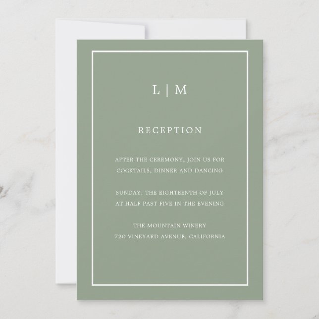 Invitación Mínimo Sage Green Monograma Simple Elegante Boda (Anverso)
