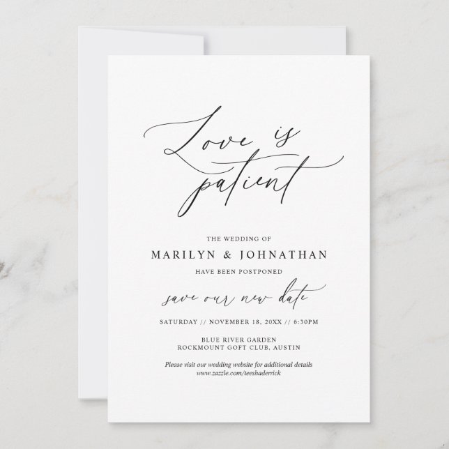 Invitación Mínimo simple, el amor es paciente, boda pospuesta (Anverso)