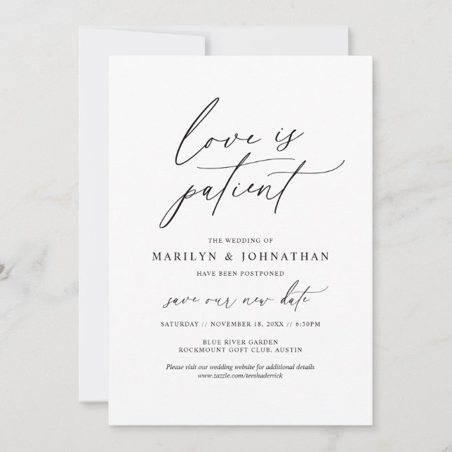 Invitación Mínimo Simple, El amor es paciente, boda pospuesta (Anverso)