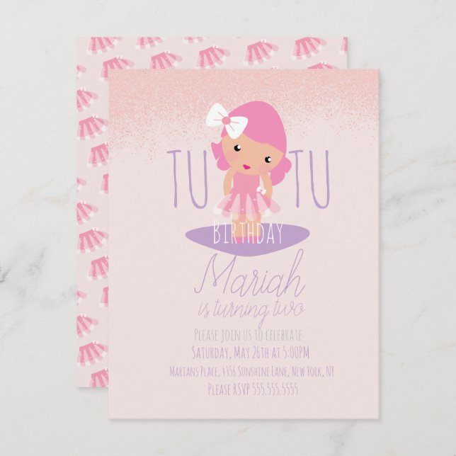 Invitación Mínimo Tutu Chica Personalizado de cumpleaños Purp (Anverso / Reverso)