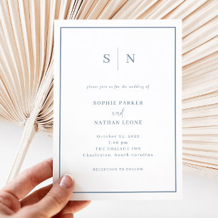 Invitación Mínimo y Chic   Boda Blanca con Azul Polvoriento